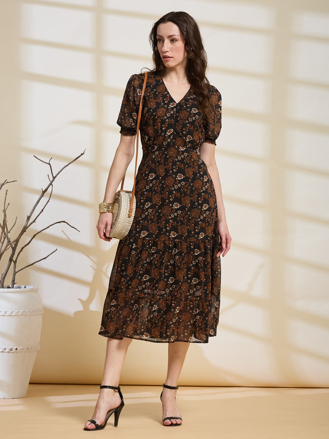 Latin Quarters Women's Brown Printed V-Neck Half Sleeve Casual A-Line Dress