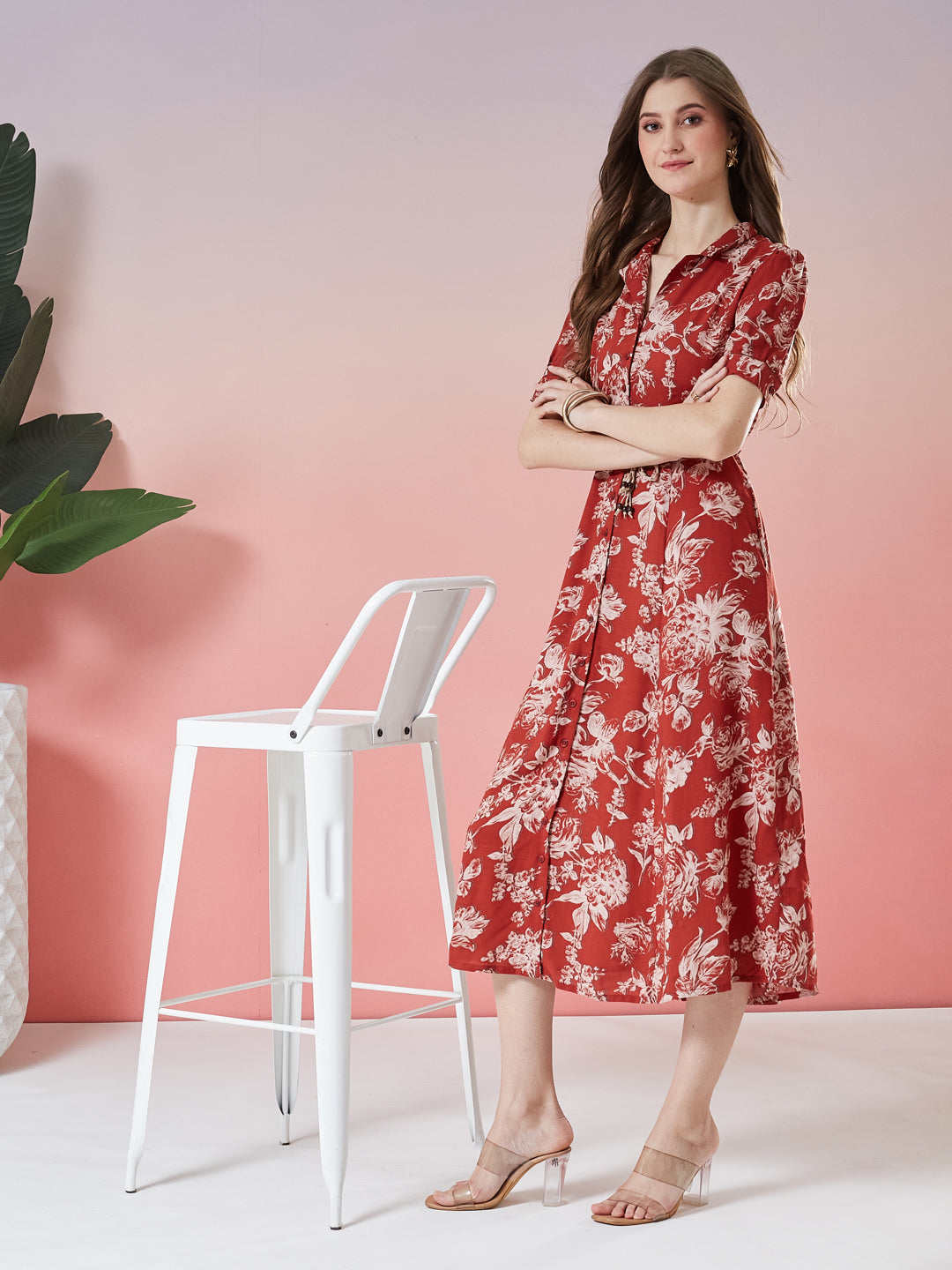 Latin Quarters Women's Rust Printed Half Sleeve Collar Neck Casual Shirt Dress with Belt