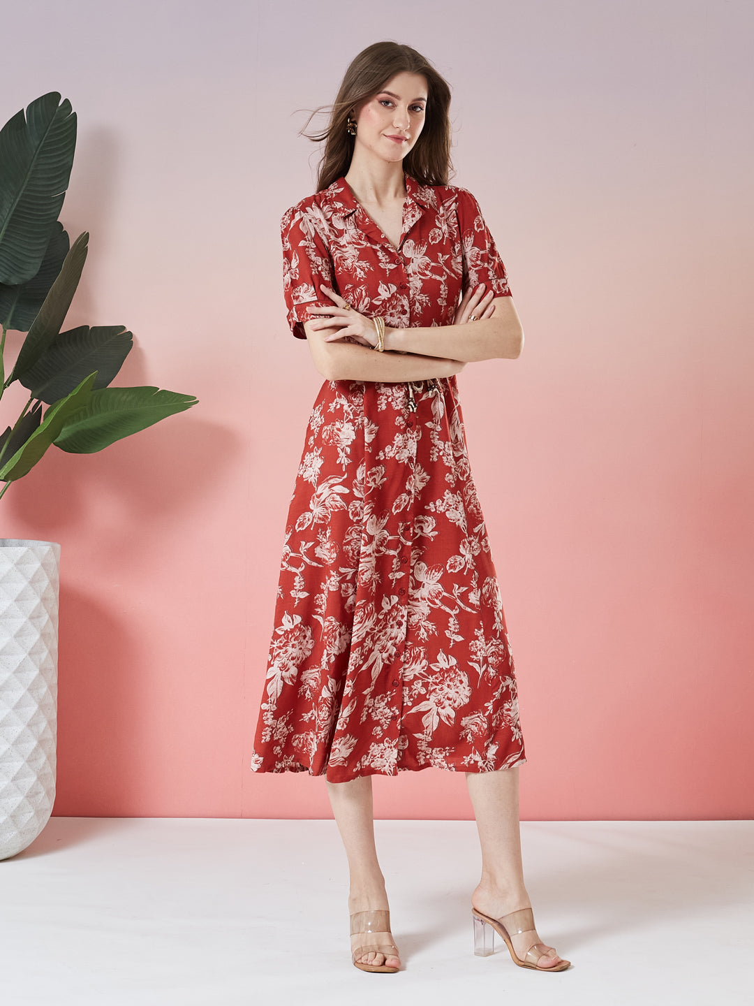 Latin Quarters Women's Rust Printed Half Sleeve Collar Neck Casual Shirt Dress with Belt
