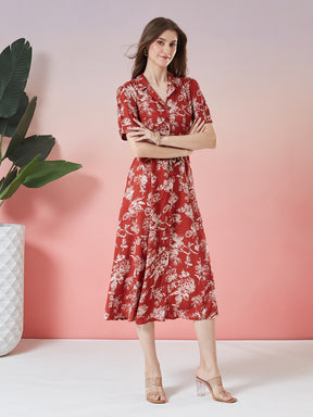 Latin Quarters Women's Rust Printed Half Sleeve Collar Neck Casual Shirt Dress with Belt