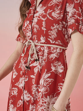 Latin Quarters Women's Rust Printed Half Sleeve Collar Neck Casual Shirt Dress with Belt
