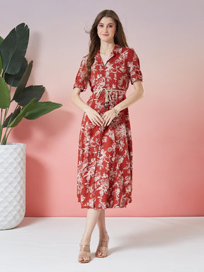 Latin Quarters Women's Rust Printed Half Sleeve Collar Neck Casual Shirt Dress with Belt