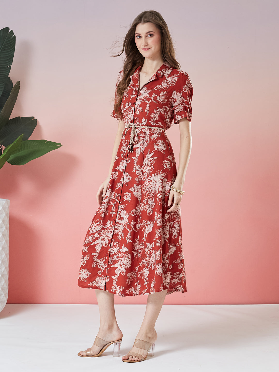 Latin Quarters Women's Rust Printed Half Sleeve Collar Neck Casual Shirt Dress with Belt