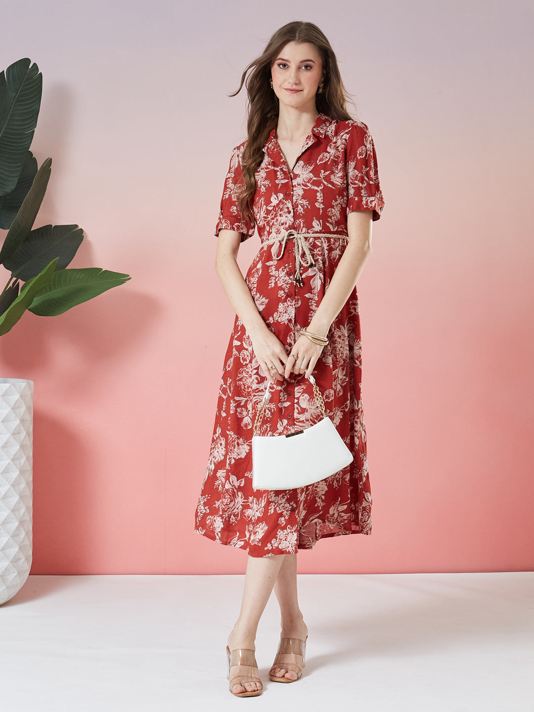Latin Quarters Women's Rust Printed Half Sleeve Collar Neck Casual Shirt Dress with Belt