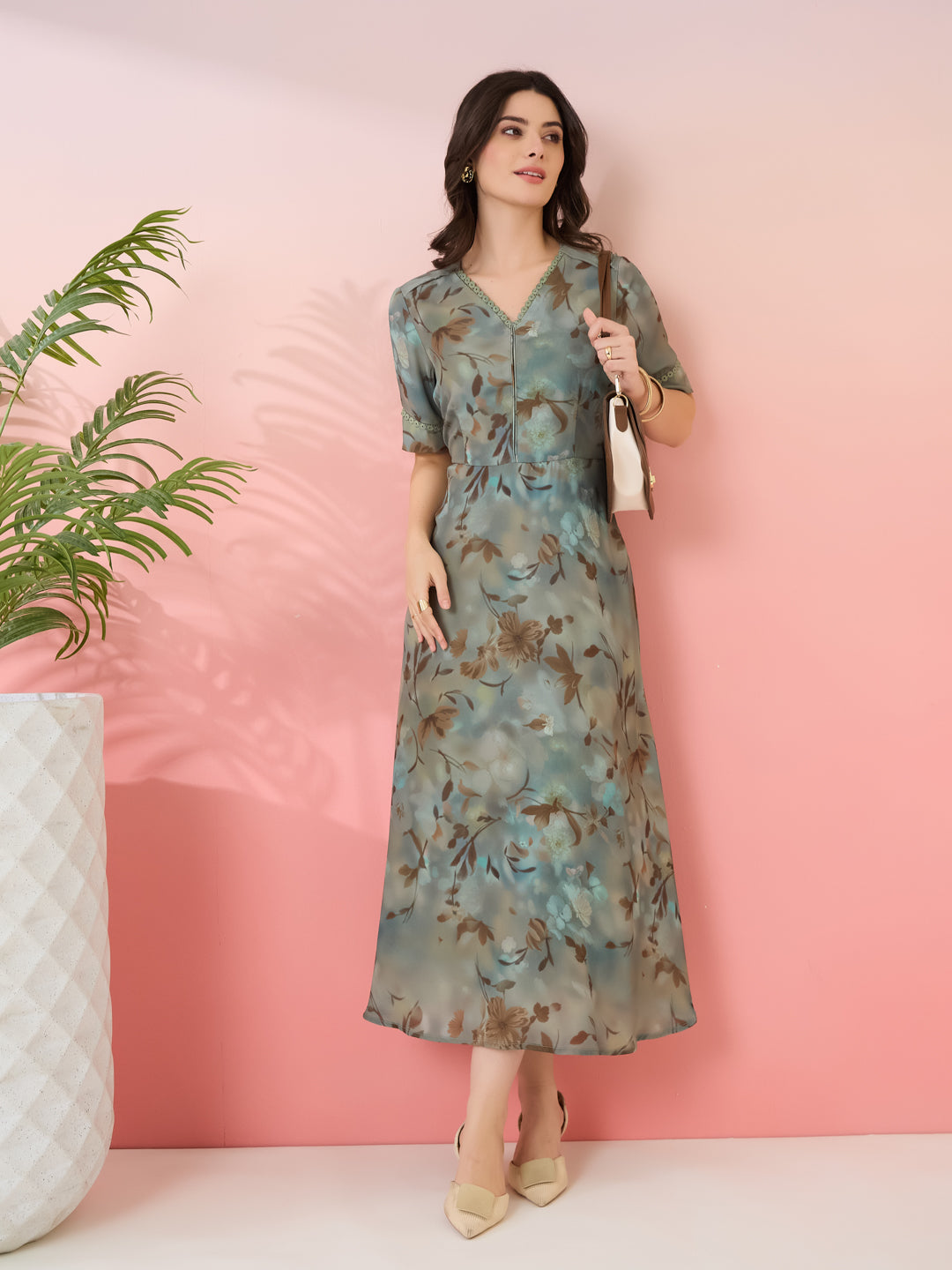 Latin Quarters Women's Green Printed V-Neck Half Sleeves Casual A-Line Dress