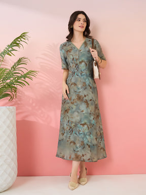 Latin Quarters Women's Green Printed V-Neck Half Sleeves Casual A-Line Dress