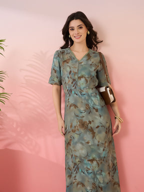 Latin Quarters Women's Green Printed V-Neck Half Sleeves Casual A-Line Dress