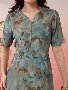 Latin Quarters Women's Green Printed V-Neck Half Sleeves Casual A-Line Dress