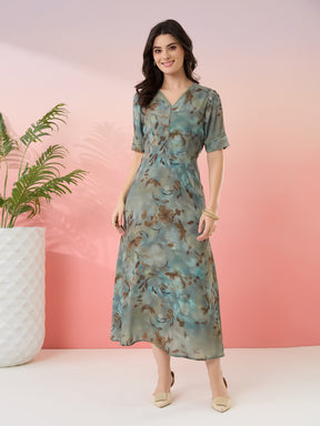 Latin Quarters Women's Green Printed V-Neck Half Sleeves Casual A-Line Dress