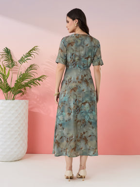 Latin Quarters Women's Green Printed V-Neck Half Sleeves Casual A-Line Dress