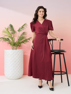 Latin Quarters Women's Maroon Solid V-Neck Half Sleeves Party Wrap Dress