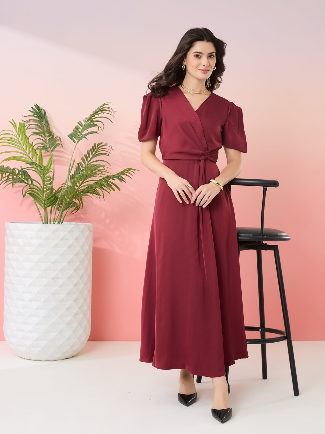 Latin Quarters Women's Maroon Solid V-Neck Half Sleeves Party Wrap Dress