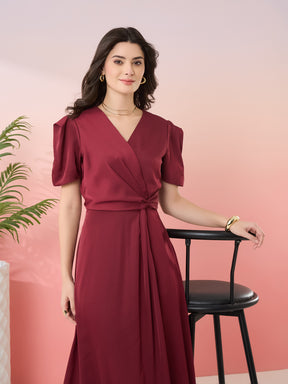 Latin Quarters Women's Maroon Solid V-Neck Half Sleeves Party Wrap Dress