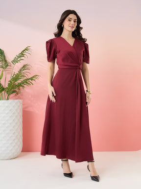 Latin Quarters Women's Maroon Solid V-Neck Half Sleeves Party Wrap Dress