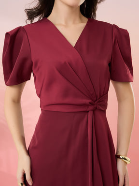Latin Quarters Women's Maroon Solid V-Neck Half Sleeves Party Wrap Dress