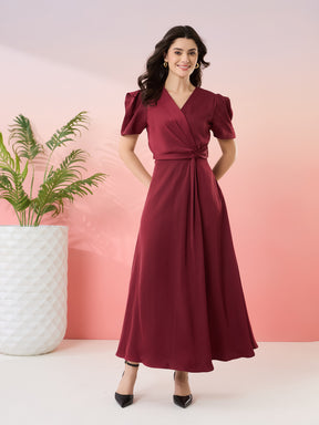 Latin Quarters Women's Maroon Solid V-Neck Half Sleeves Party Wrap Dress