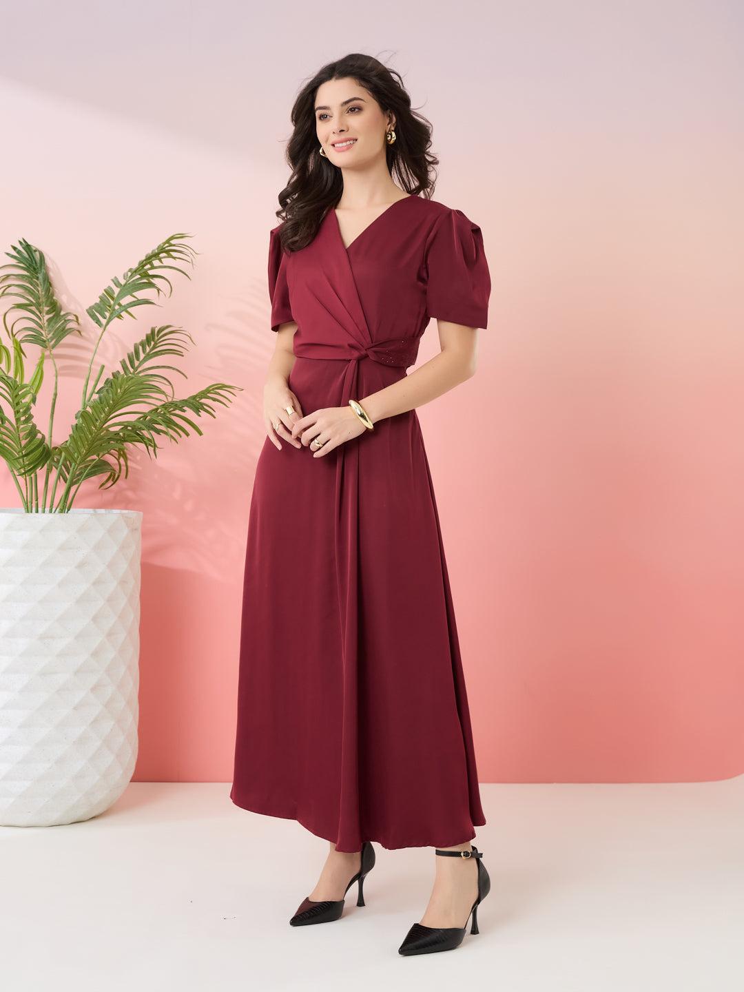 Latin Quarters Women's Maroon Solid V-Neck Half Sleeves Party Wrap Dress