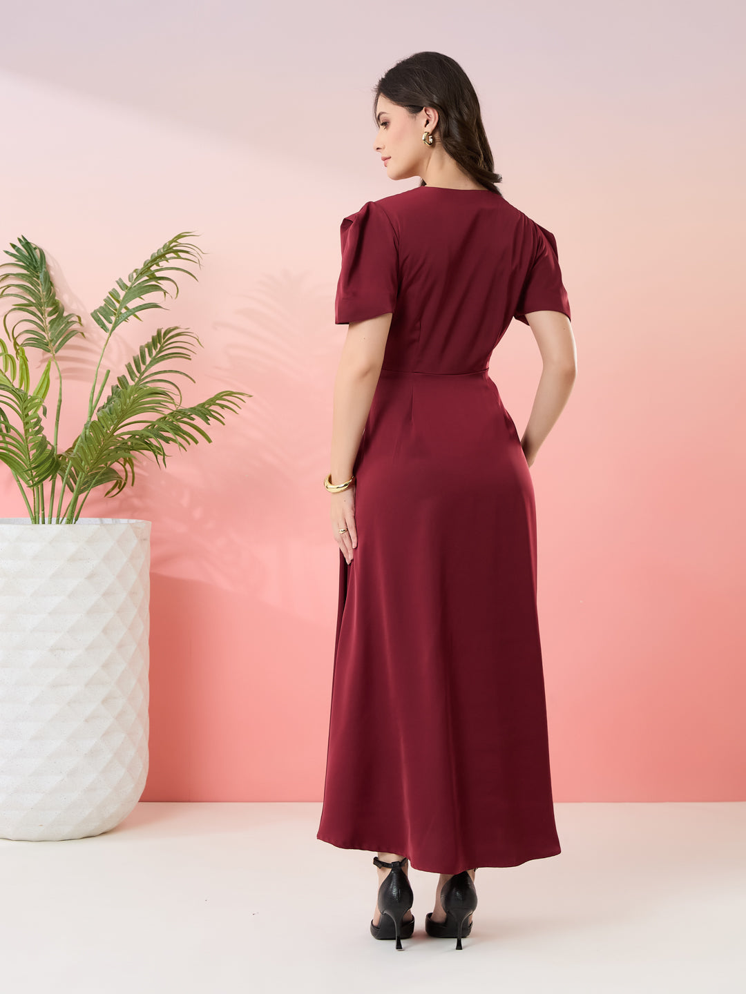Latin Quarters Women's Maroon Solid V-Neck Half Sleeves Party Wrap Dress