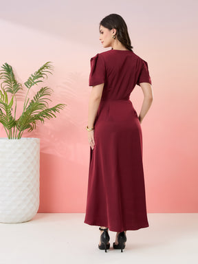 Latin Quarters Women's Maroon Solid V-Neck Half Sleeves Party Wrap Dress