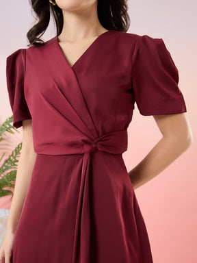 Latin Quarters Women's Maroon Solid V-Neck Half Sleeves Party Wrap Dress