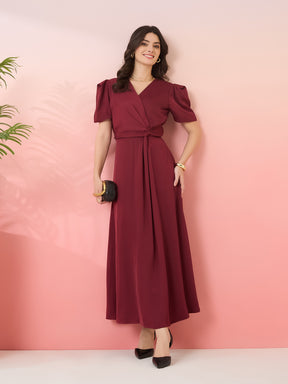 Latin Quarters Women's Maroon Solid V-Neck Half Sleeves Party Wrap Dress