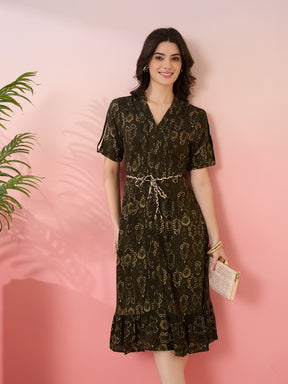Latin Quarters Women's Olive Printed V-Neck Half Sleeves Casual A-Line Dress