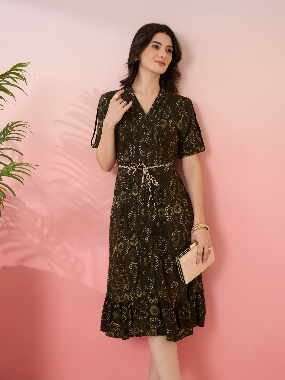 Latin Quarters Women's Olive Printed V-Neck Half Sleeves Casual A-Line Dress
