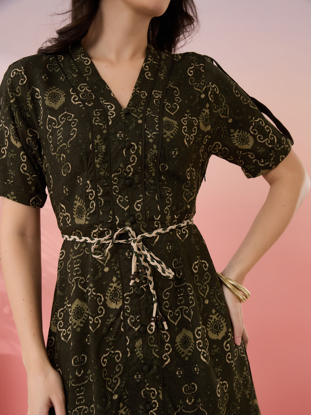 Latin Quarters Women's Olive Printed V-Neck Half Sleeves Casual A-Line Dress