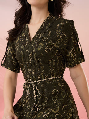 Latin Quarters Women's Olive Printed V-Neck Half Sleeves Casual A-Line Dress
