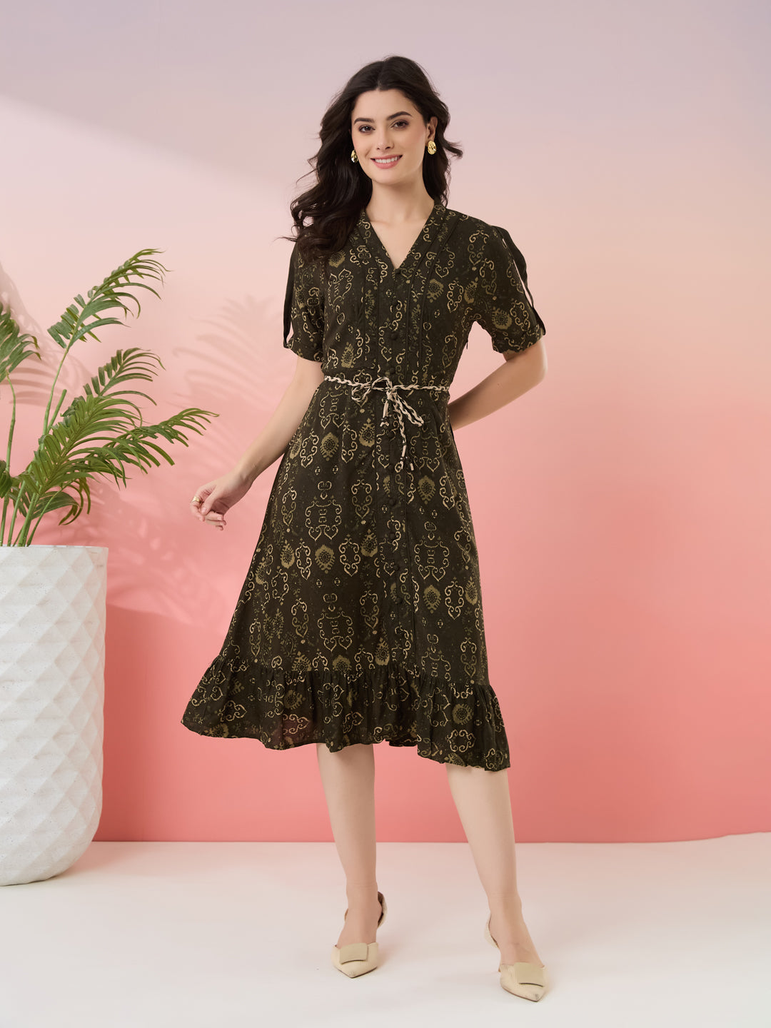 Latin Quarters Women's Olive Printed V-Neck Half Sleeves Casual A-Line Dress