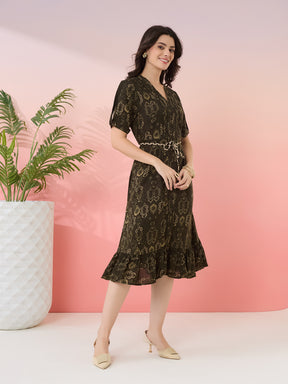 Latin Quarters Women's Olive Printed V-Neck Half Sleeves Casual A-Line Dress