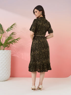 Latin Quarters Women's Olive Printed V-Neck Half Sleeves Casual A-Line Dress