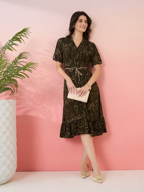 Latin Quarters Women's Olive Printed V-Neck Half Sleeves Casual A-Line Dress
