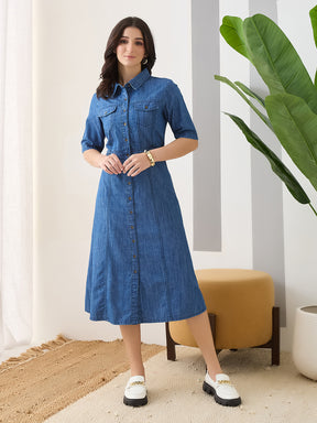 Latin Quarters Women's Blue Solid Collar Neck Half Sleeves Casual Shirt Dress