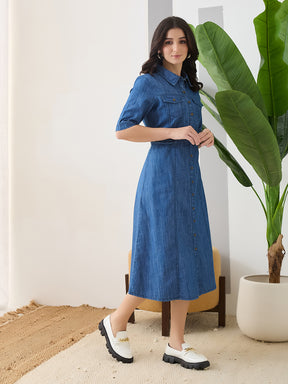 Latin Quarters Women's Blue Solid Collar Neck Half Sleeves Casual Shirt Dress