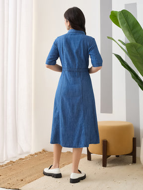 Latin Quarters Women's Blue Solid Collar Neck Half Sleeves Casual Shirt Dress