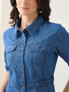 Latin Quarters Women's Blue Solid Collar Neck Half Sleeves Casual Shirt Dress