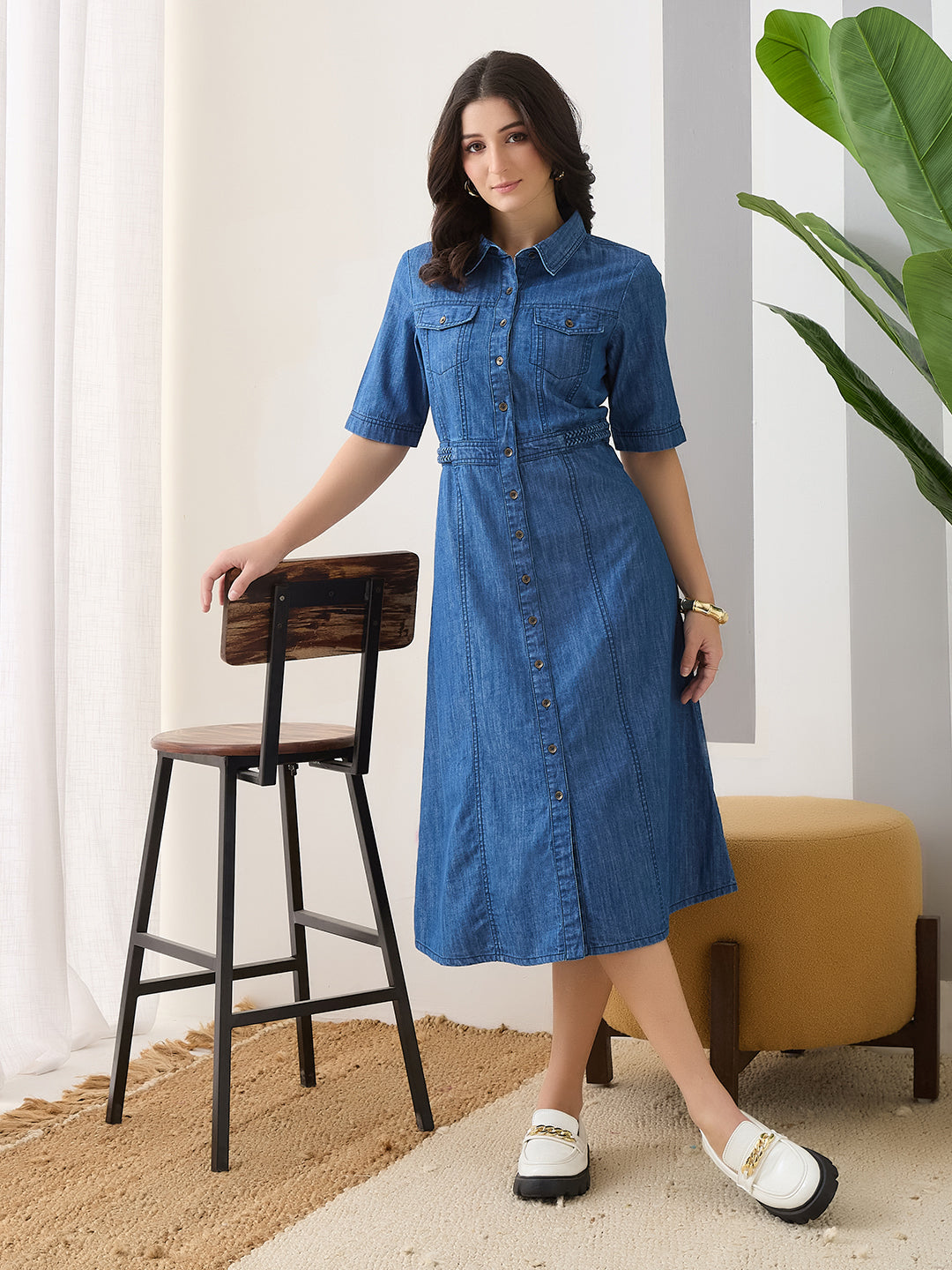 Latin Quarters Women's Blue Solid Collar Neck Half Sleeves Casual Shirt Dress