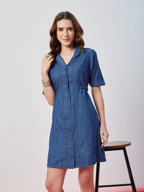 Latin Quarters Women's Blue Solid Collar Neck Half Sleeves Casual Shirt Dress