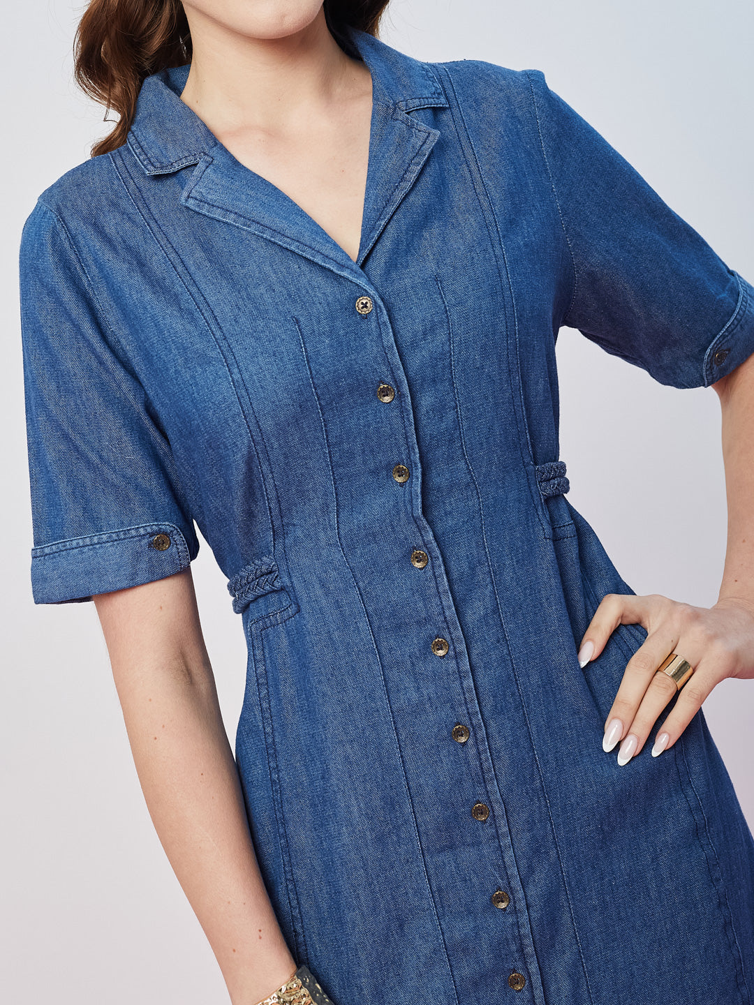 Latin Quarters Women's Blue Solid Collar Neck Half Sleeves Casual Shirt Dress