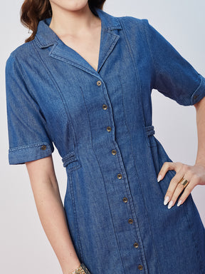 Latin Quarters Women's Blue Solid Collar Neck Half Sleeves Casual Shirt Dress