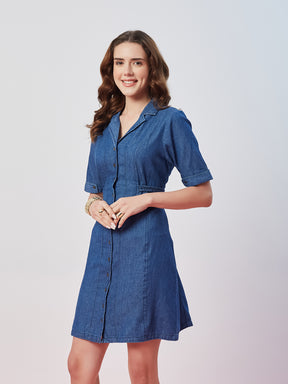 Latin Quarters Women's Blue Solid Collar Neck Half Sleeves Casual Shirt Dress
