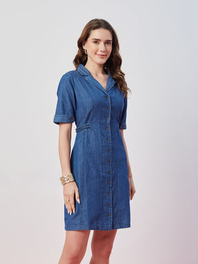 Latin Quarters Women's Blue Solid Collar Neck Half Sleeves Casual Shirt Dress