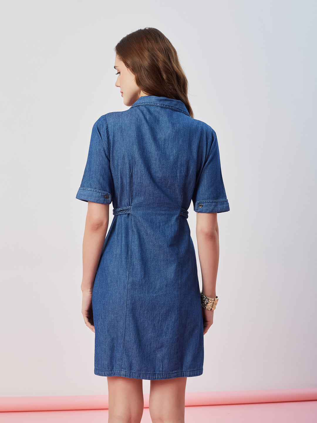 Latin Quarters Women's Blue Solid Collar Neck Half Sleeves Casual Shirt Dress