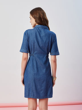 Latin Quarters Women's Blue Solid Collar Neck Half Sleeves Casual Shirt Dress