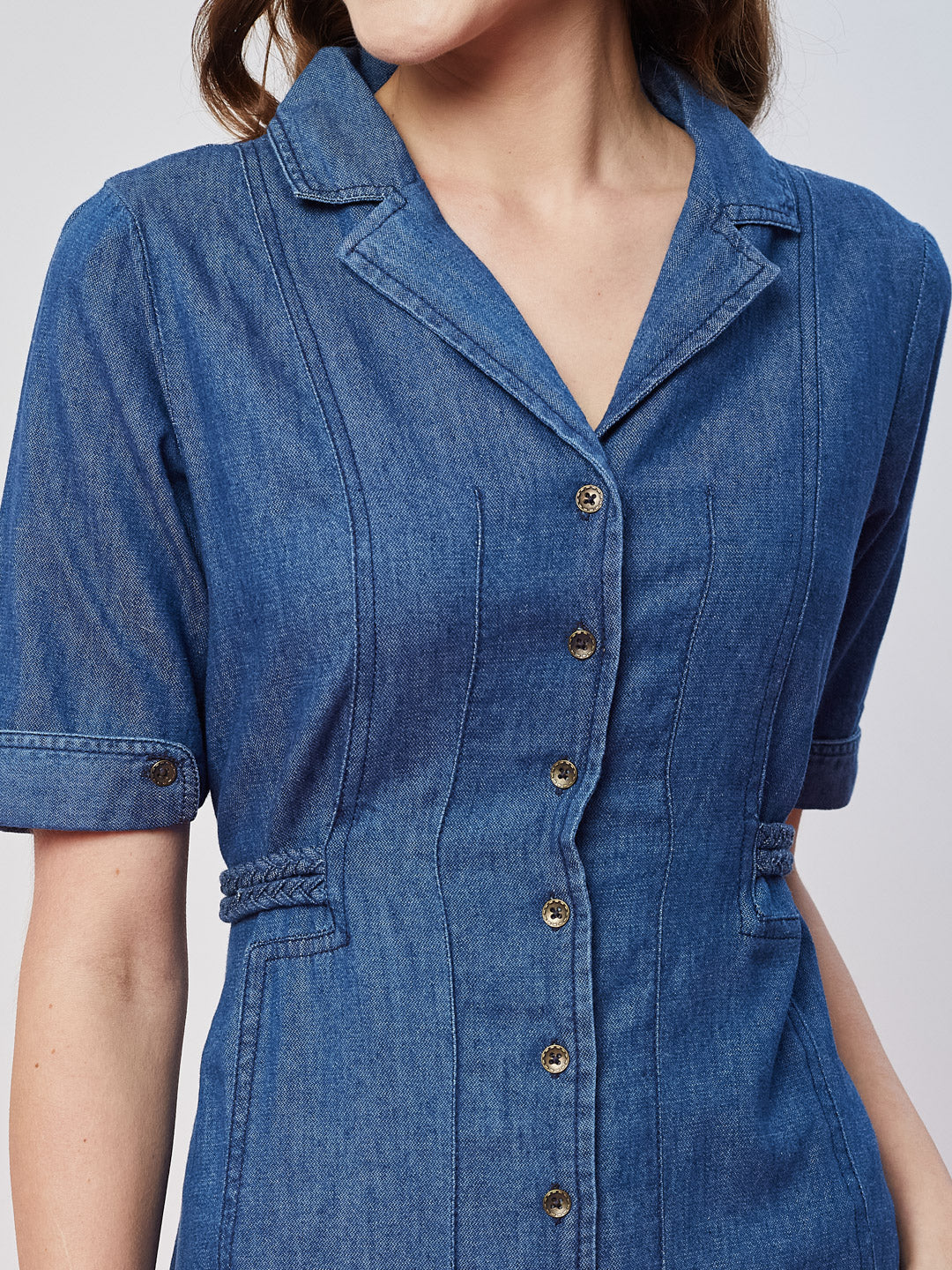 Latin Quarters Women's Blue Solid Collar Neck Half Sleeves Casual Shirt Dress
