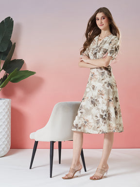 Latin Quarters Women's Beige Printed Half Sleeve V-Neck Casual A-Line Dress