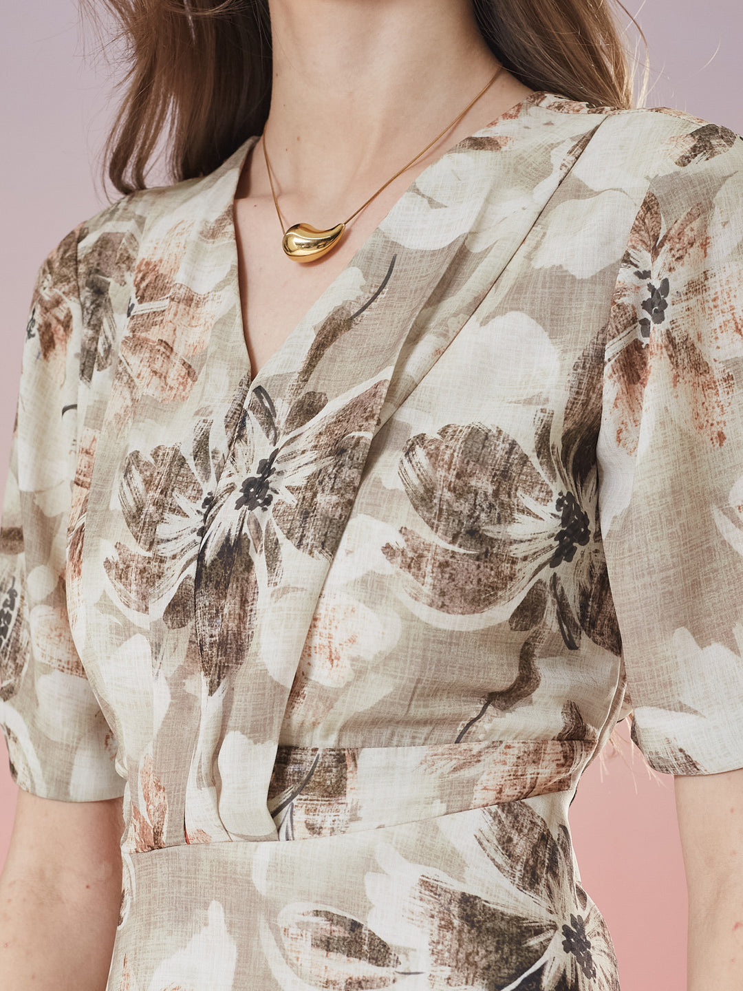 Latin Quarters Women's Beige Printed Half Sleeve V-Neck Casual A-Line Dress
