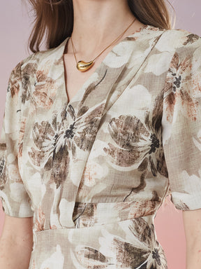 Latin Quarters Women's Beige Printed Half Sleeve V-Neck Casual A-Line Dress