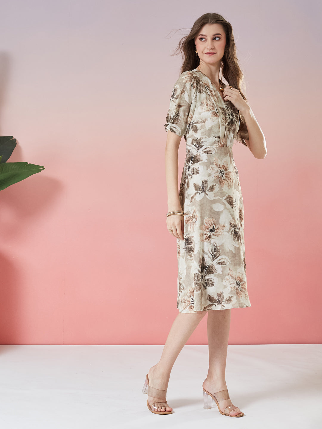 Latin Quarters Women's Beige Printed Half Sleeve V-Neck Casual A-Line Dress